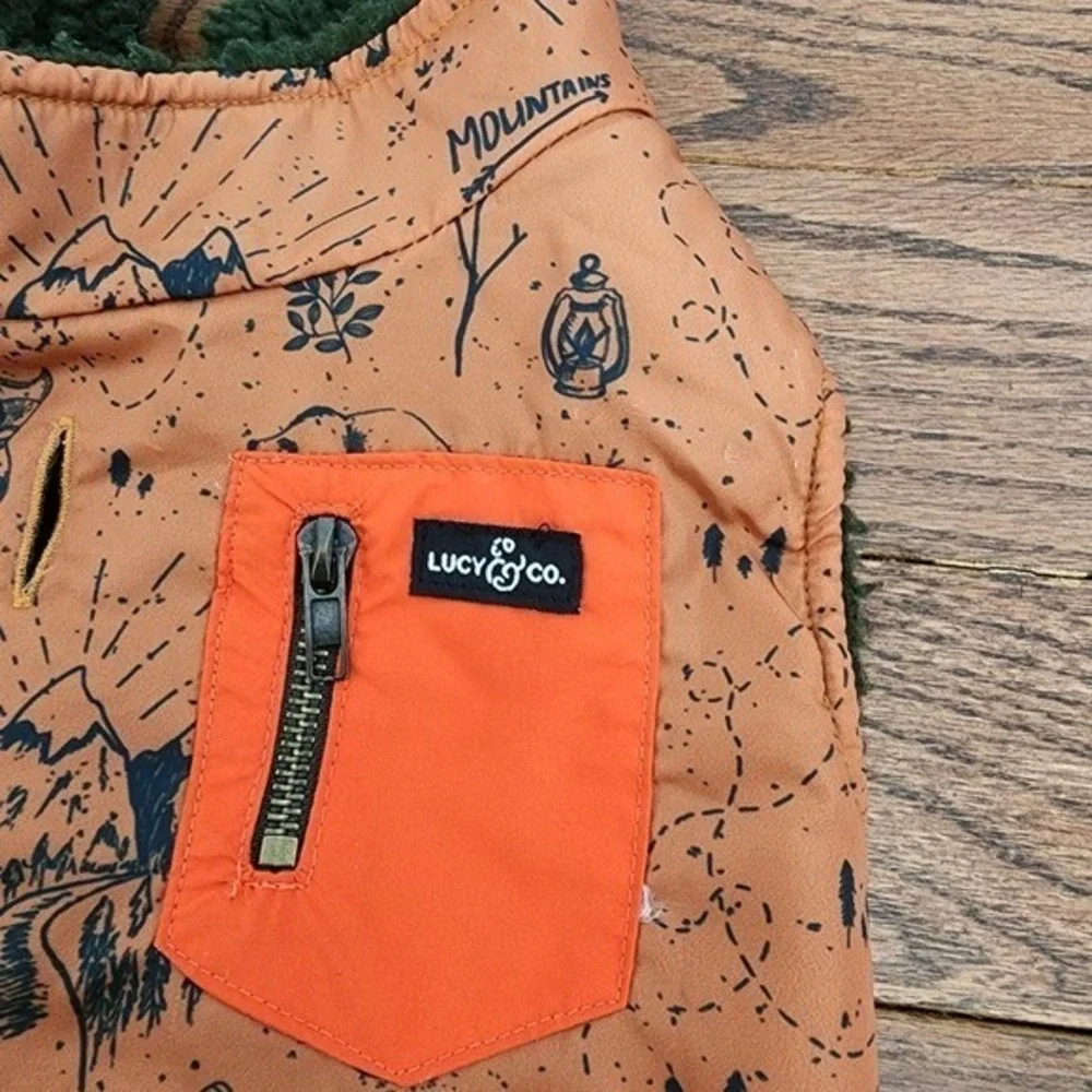 Lucy & Co Reversible Dog Vest Large Orange Camping Print Sherpa Warm Cozy